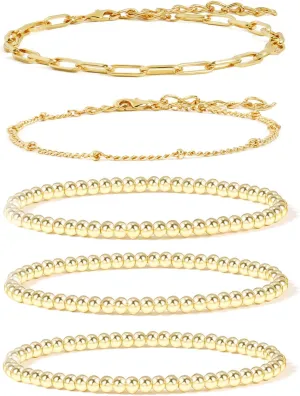 14K Gold Beaded Bracelets for Women,Dainty Gold Plated Chain Link Bracelet Stretchable Adjustable Bracelet