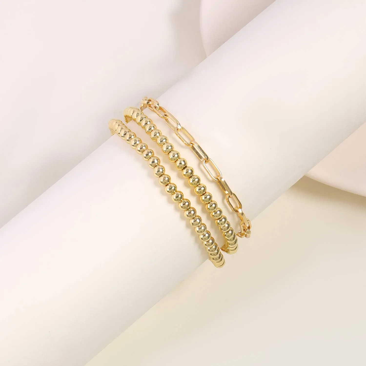 14K Gold Beaded Bracelets for Women,Dainty Gold Plated Chain Link Bracelet Stretchable Adjustable Bracelet
