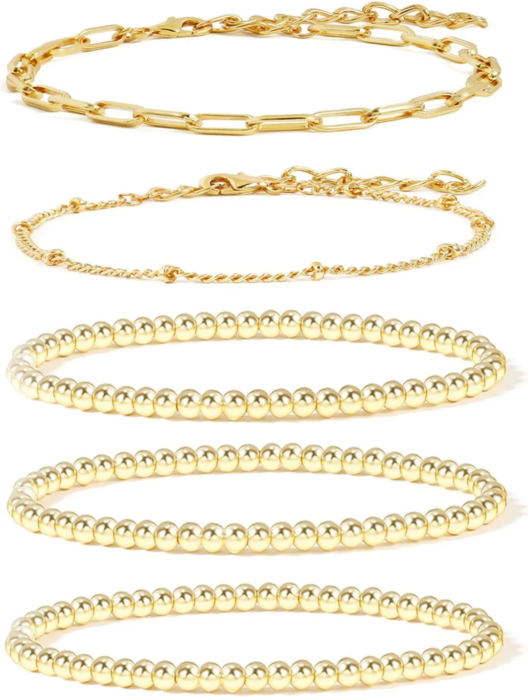 14K Gold Beaded Bracelets for Women,Dainty Gold Plated Chain Link Bracelet Stretchable Adjustable Bracelet
