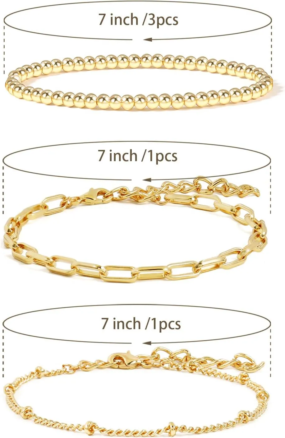 14K Gold Beaded Bracelets for Women,Dainty Gold Plated Chain Link Bracelet Stretchable Adjustable Bracelet