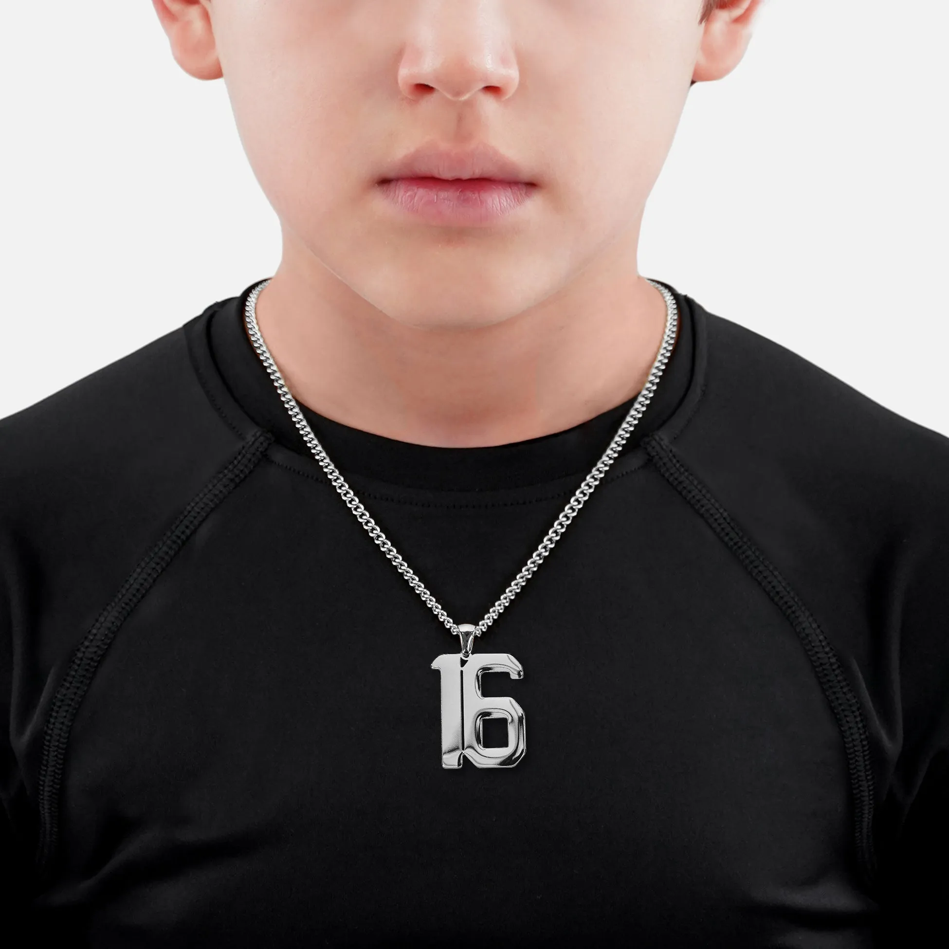 16 Number Pendant with Chain Kids Necklace - Stainless Steel