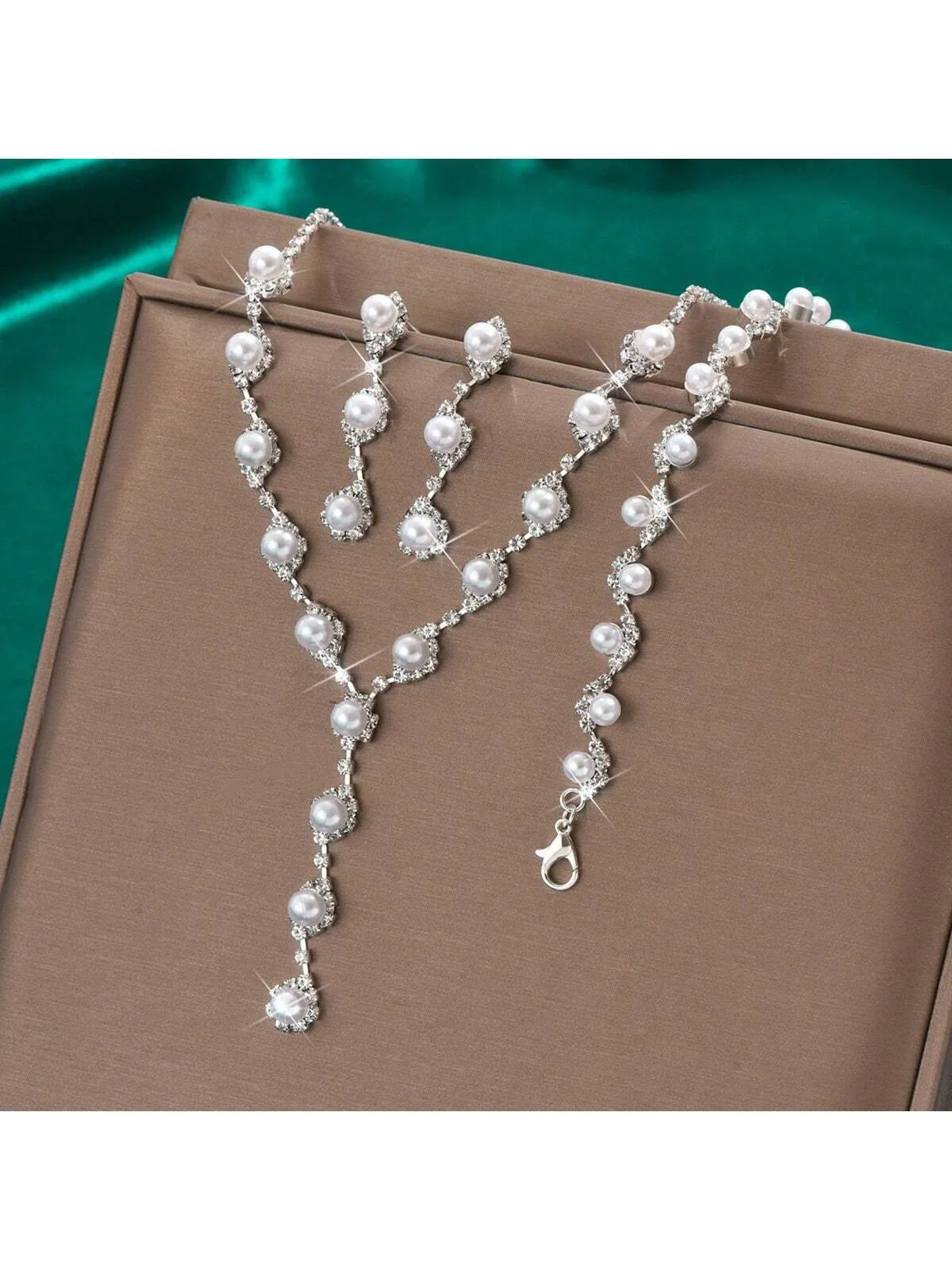 1pc Earrings, 1pc Bracelet, 1pc Necklace, Fashionable Rhinestone Pearl Bride Jewelry Set For Women, Suitable For Date Night And Parties, Gift