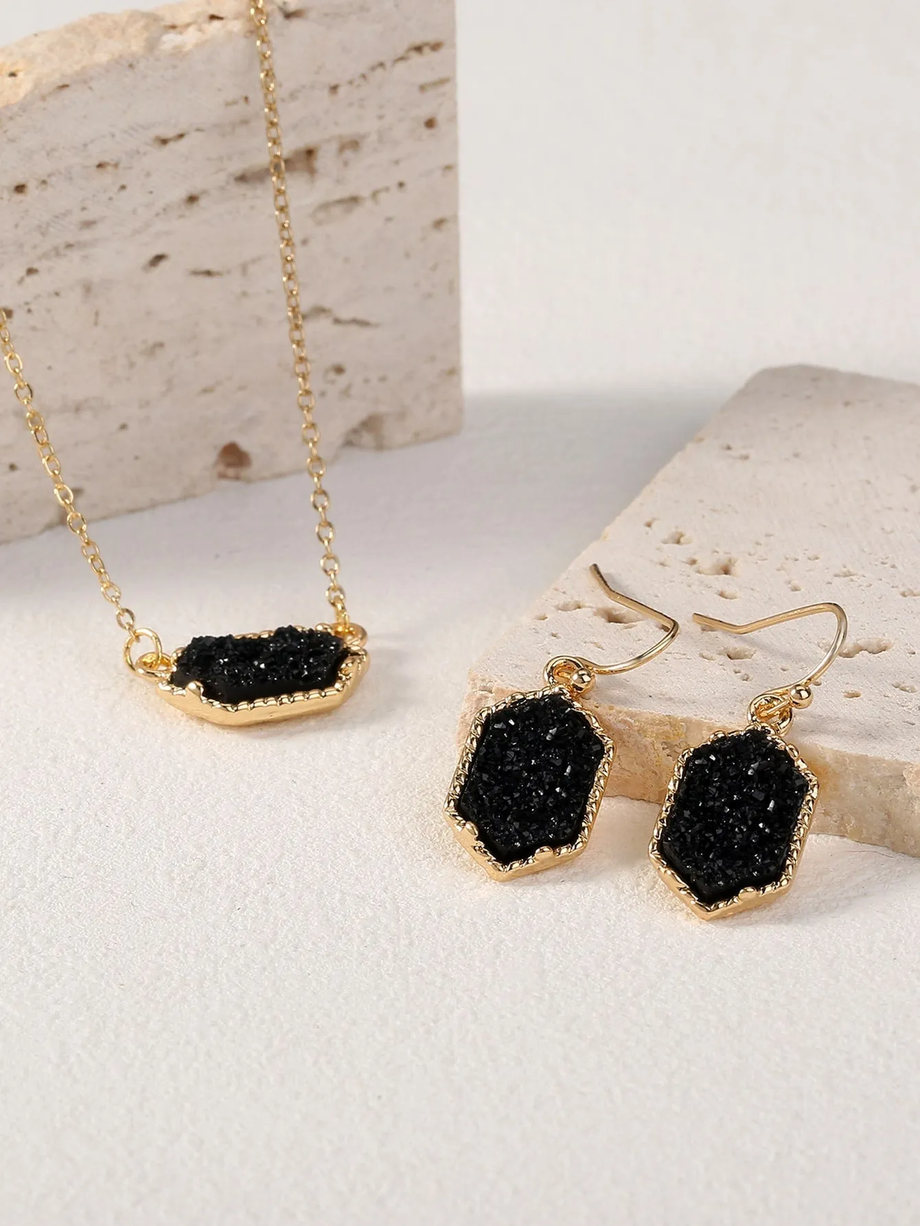 Black Geometric Charm Necklace & Drop Earrings Jewelry Set Jewelry Gift for