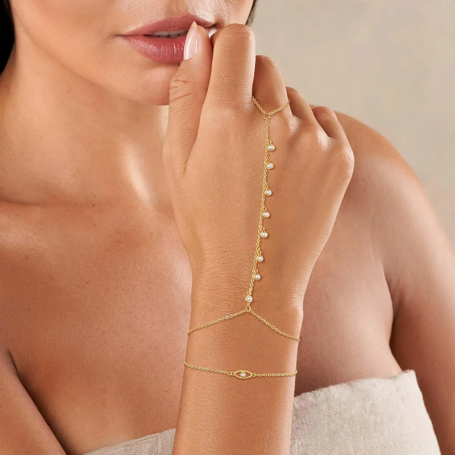 CHESKY 2Pcs Hand Chain Bracelet for Women, Dainty 14k Gold Plated Ring Bracelets Hand Chain Non Tarnish Simple Cuff Evil Eye CZ Bracelets Adjustable Nail Bracelet Gold Hand Jewelry for Women