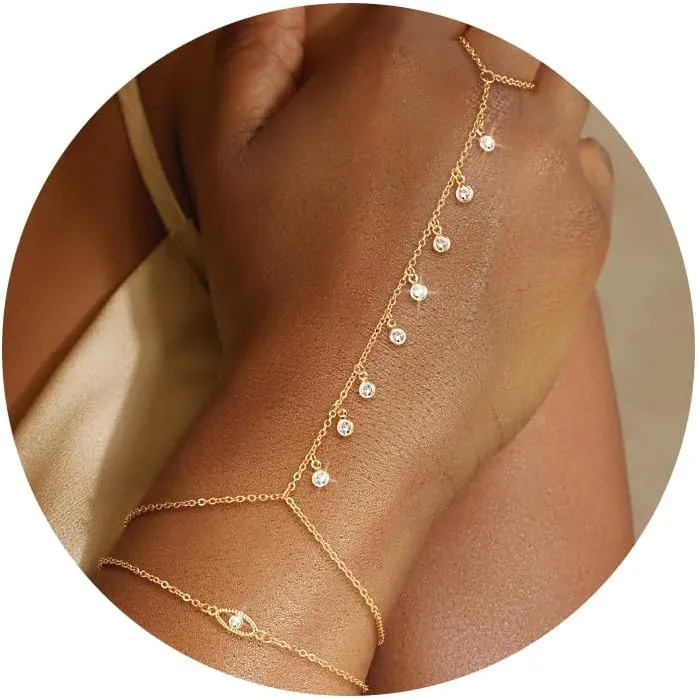 CHESKY 2Pcs Hand Chain Bracelet for Women, Dainty 14k Gold Plated Ring Bracelets Hand Chain Non Tarnish Simple Cuff Evil Eye CZ Bracelets Adjustable Nail Bracelet Gold Hand Jewelry for Women