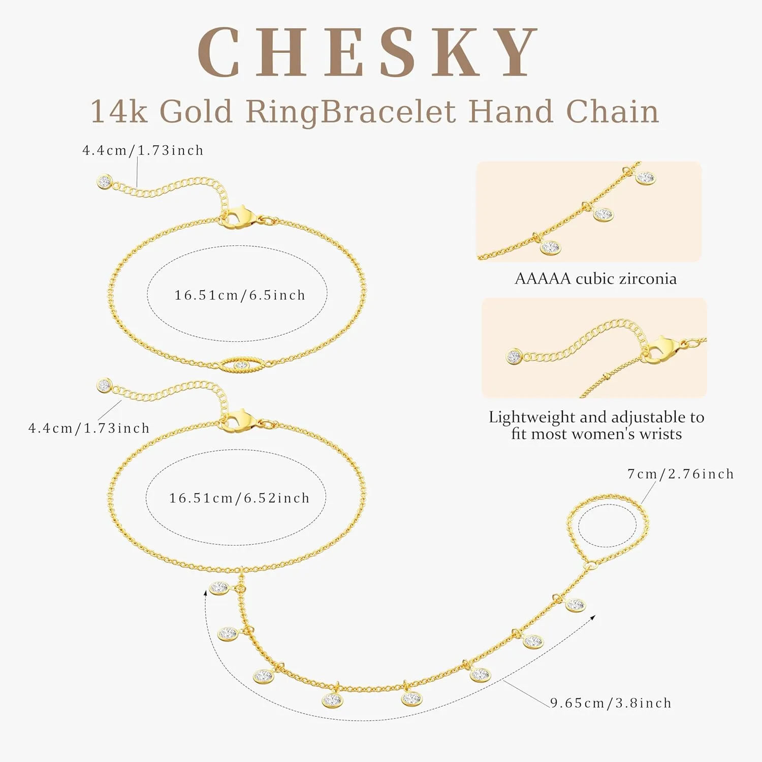 CHESKY 2Pcs Hand Chain Bracelet for Women, Dainty 14k Gold Plated Ring Bracelets Hand Chain Non Tarnish Simple Cuff Evil Eye CZ Bracelets Adjustable Nail Bracelet Gold Hand Jewelry for Women