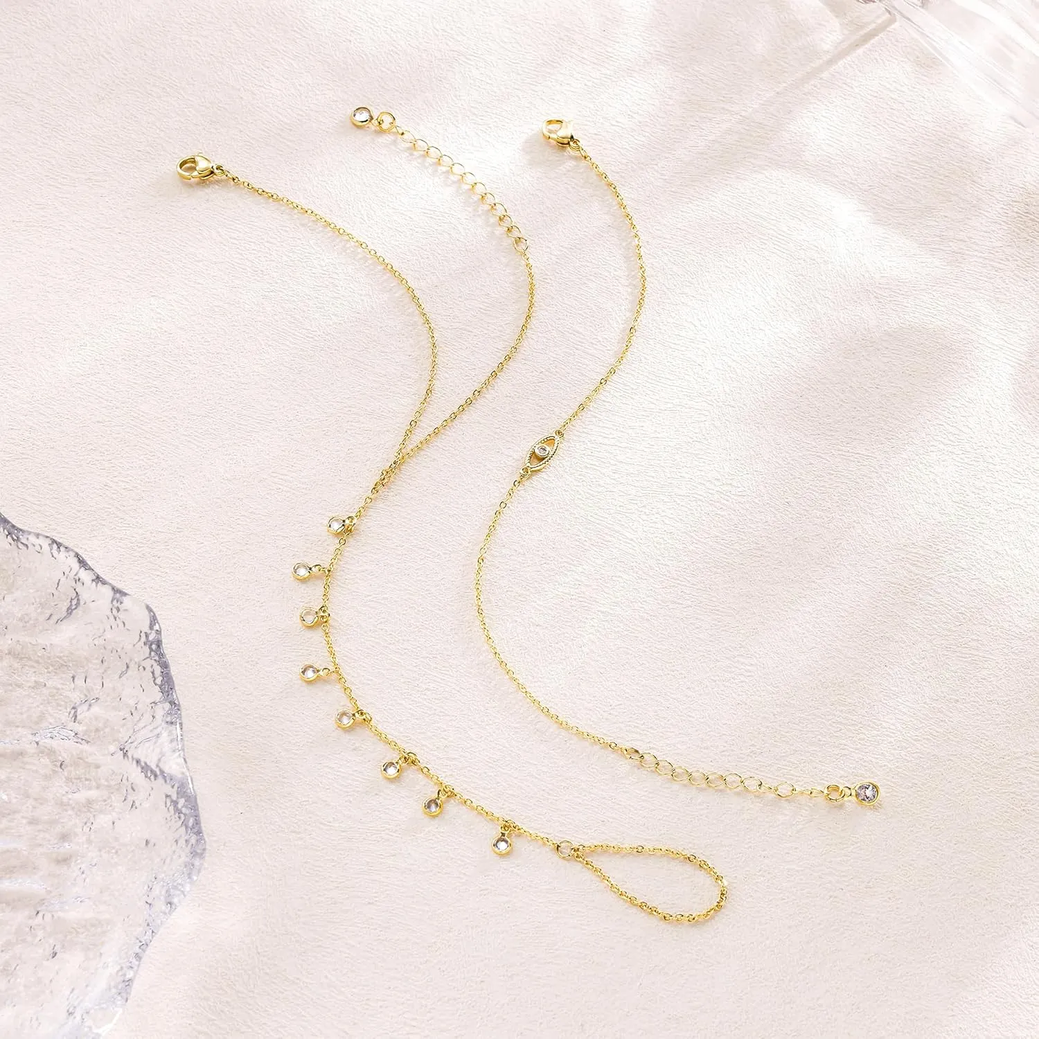 CHESKY 2Pcs Hand Chain Bracelet for Women, Dainty 14k Gold Plated Ring Bracelets Hand Chain Non Tarnish Simple Cuff Evil Eye CZ Bracelets Adjustable Nail Bracelet Gold Hand Jewelry for Women