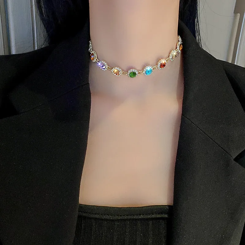 Geometric Colorful Crystal Choker Necklaces Clavicle Chain Necklace