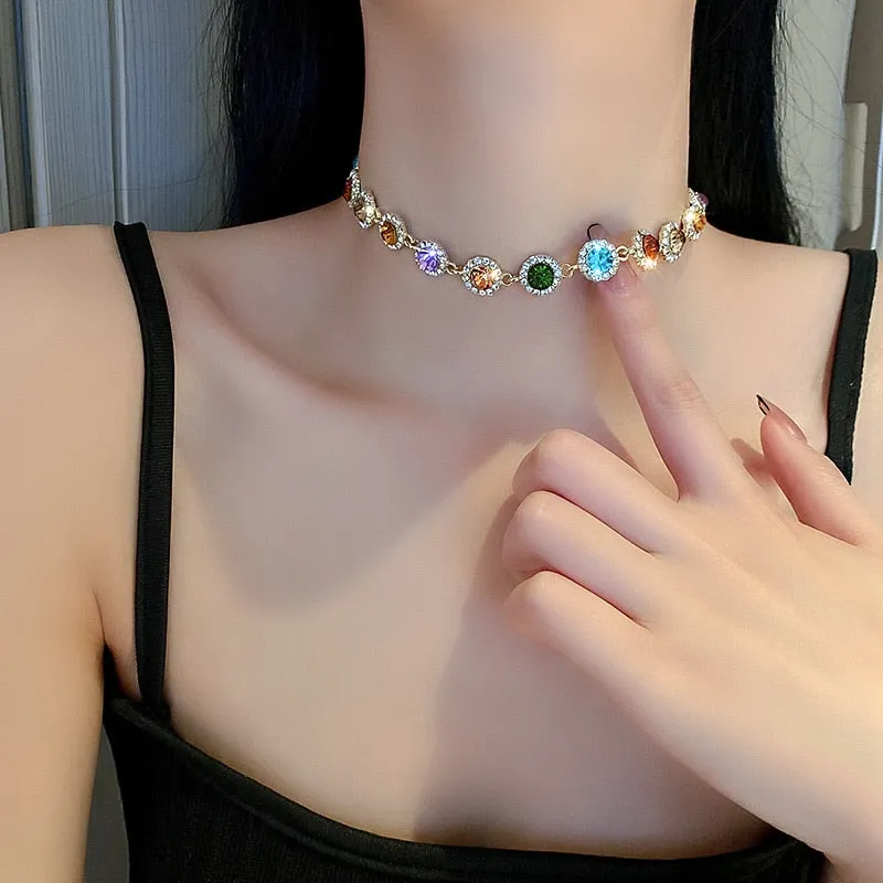 Geometric Colorful Crystal Choker Necklaces Clavicle Chain Necklace