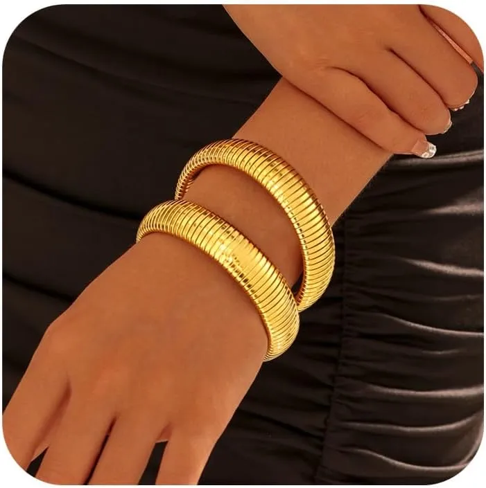 Gold Chunky Bracelets for Women Stackable Stainless Steels Wide Wristband Bangle Bracelets,Flexible Gold Stretch Snake Link Chain Bracelet Trendy Jewelry Gift