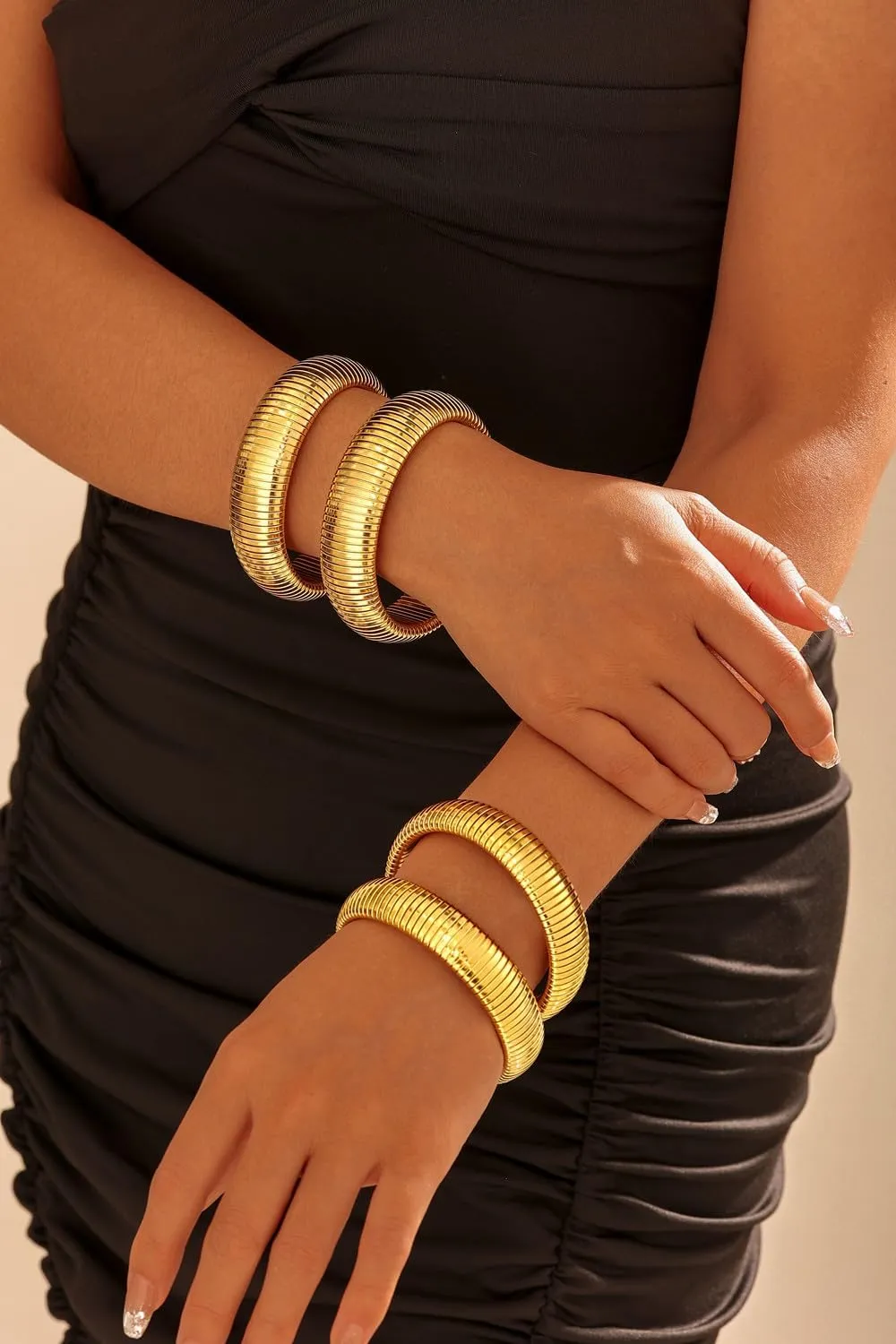 Gold Chunky Bracelets for Women Stackable Stainless Steels Wide Wristband Bangle Bracelets,Flexible Gold Stretch Snake Link Chain Bracelet Trendy Jewelry Gift