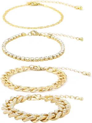 LUTER Gold Bracelets for Women Chain Bracelets Set, 4pcs 14K Gold Plated Stacking Layered Metal Cubic Zirconia Link Wrist Anklet Bracelets Rhinestone Charm Gold Bracelets for Women Fashion Jewelry