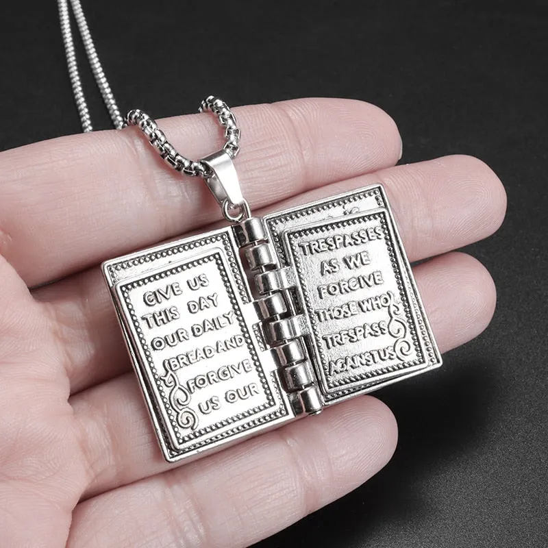 Man Woman Vintage Bible Cross Pendant Engraved Bible Book Necklace Christian Amulet Ornament