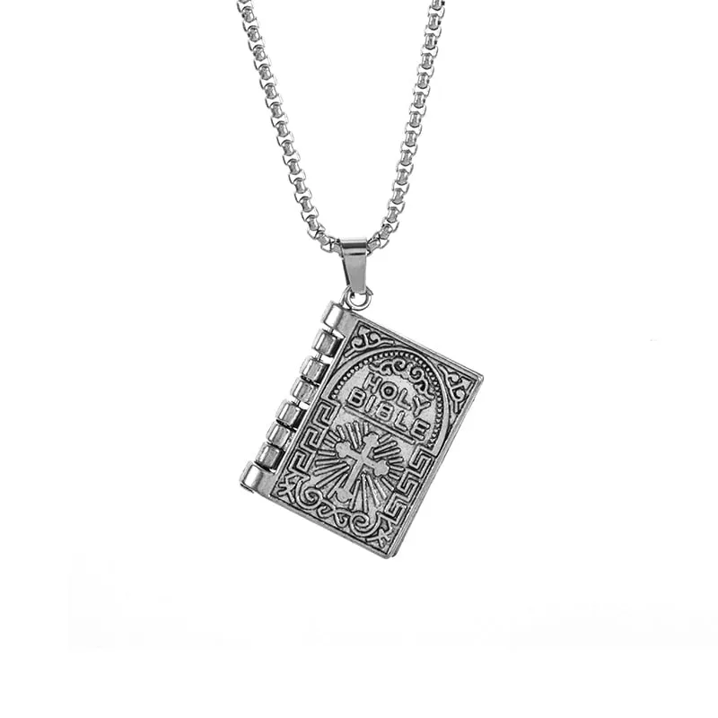 Man Woman Vintage Bible Cross Pendant Engraved Bible Book Necklace Christian Amulet Ornament