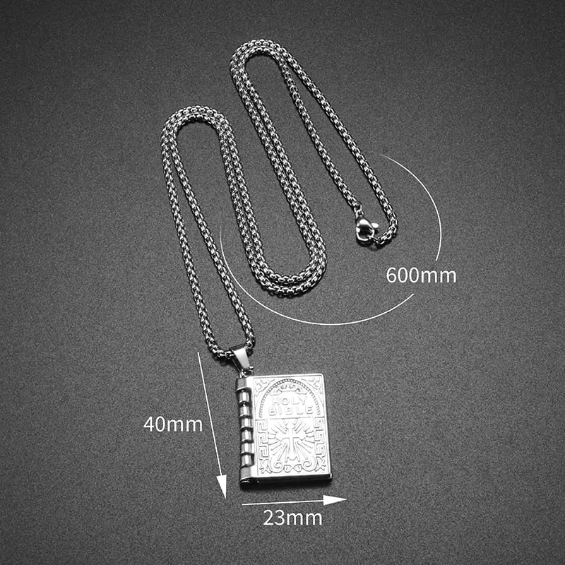 Man Woman Vintage Bible Cross Pendant Engraved Bible Book Necklace Christian Amulet Ornament