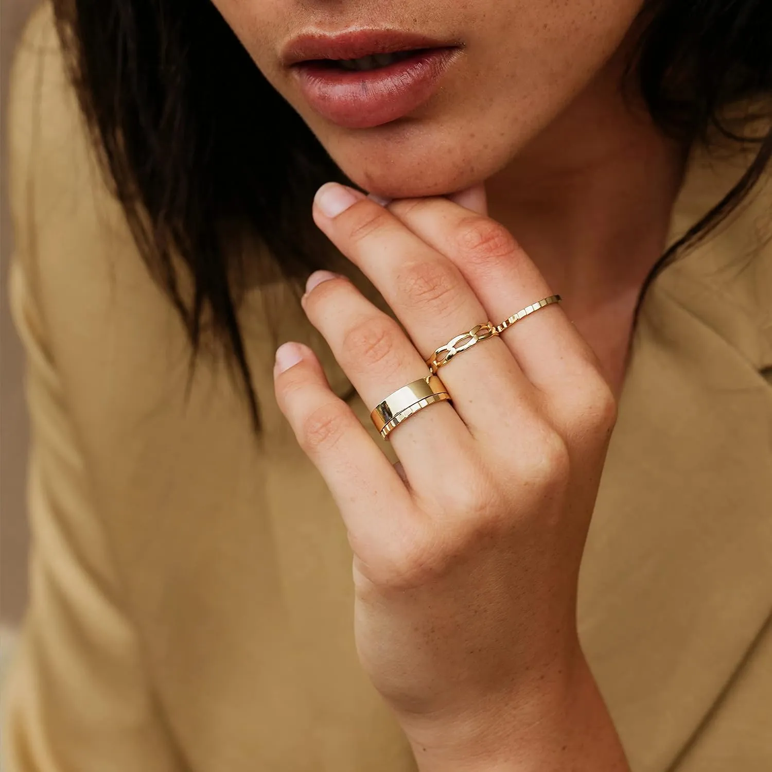 NOKMIT 5mm 14K Gold Filled Rings for Women Girls Dainty Thick Wedding Band Couple Anniversary Engagement Thumb Ring Gifts High Polished Plain Flat Cigar Band Tarnish Resistant Comfort Fit Size 4 to 11