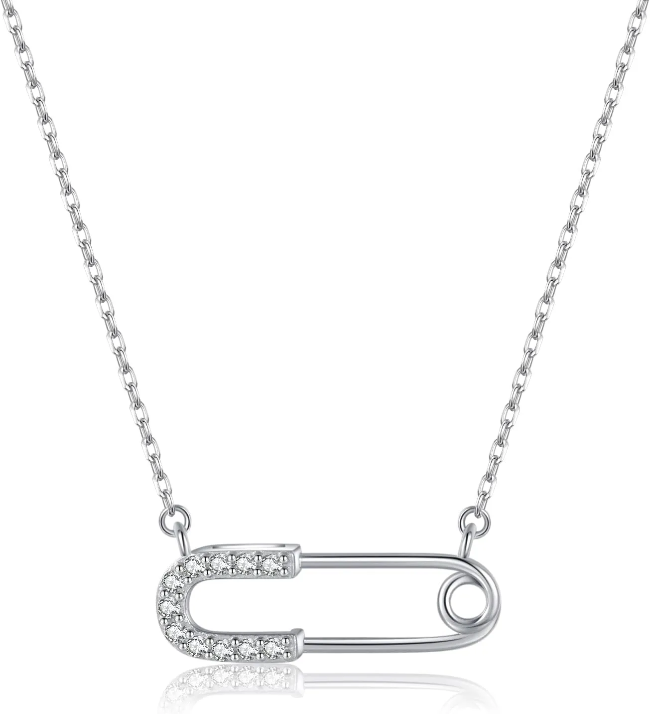 Reffeer Solid 925 Sterling Silver Safety Pin Choker Necklace for Women Teens Paper Clip Pendant Necklace CZ Pin Necklace