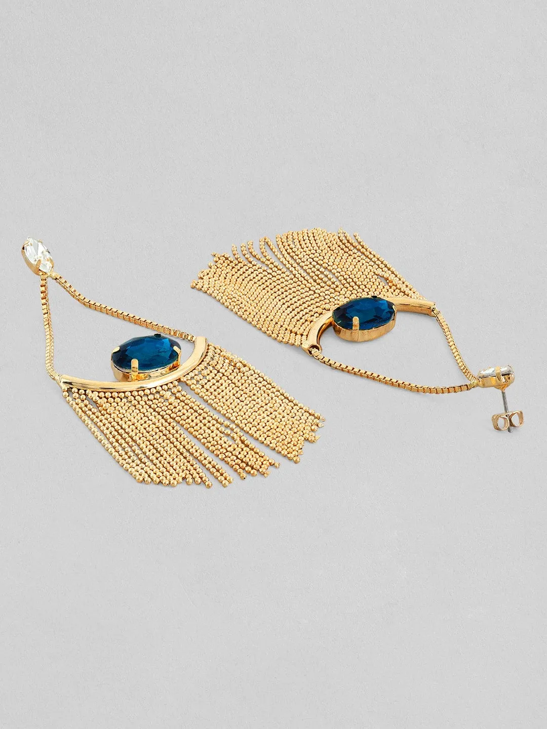 Rubans Gold Toned contemporary Blue Cristal Studded Drop Earrings