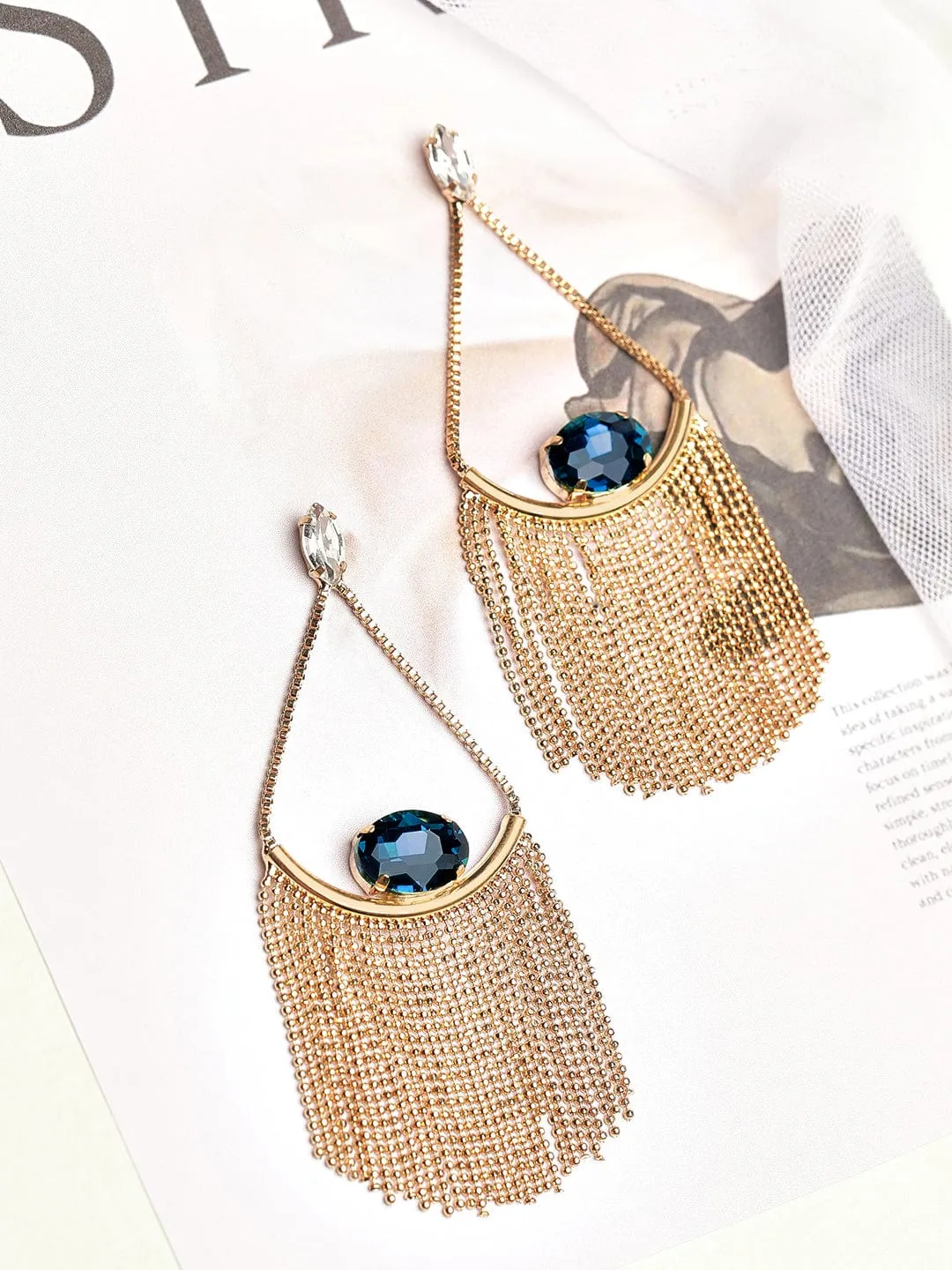 Rubans Gold Toned contemporary Blue Cristal Studded Drop Earrings