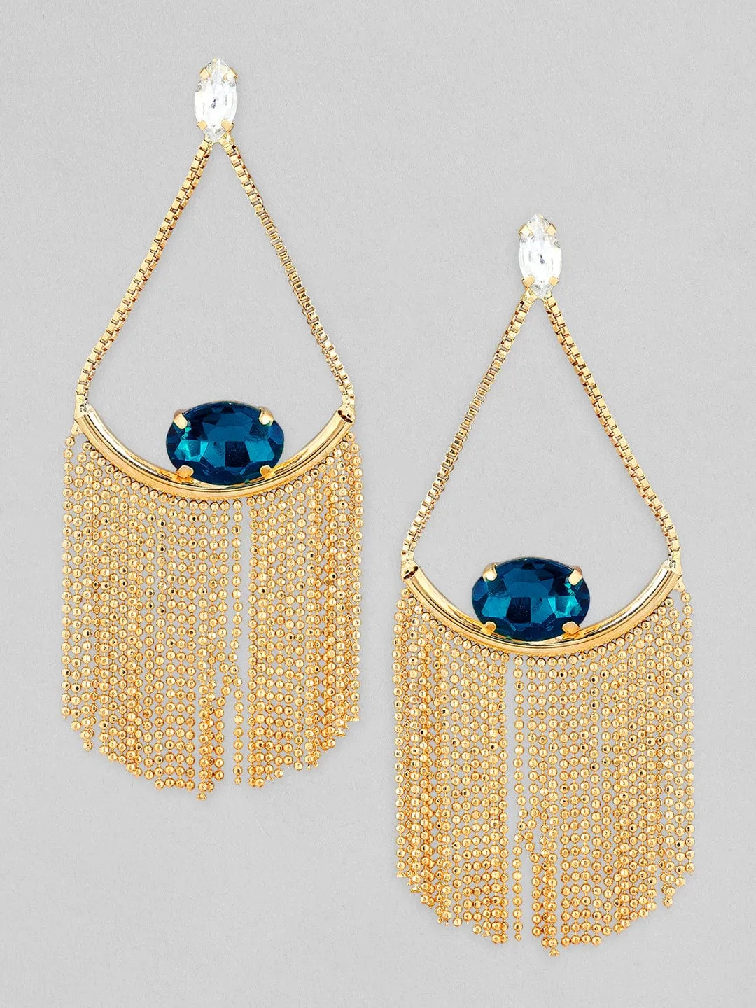 Rubans Gold Toned contemporary Blue Cristal Studded Drop Earrings