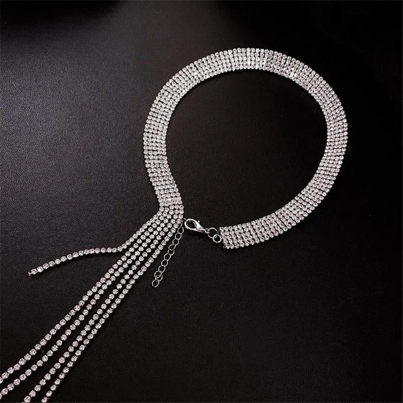 Shine Full Rhinestones Choker Necklaces Long Tassel Crystal Necklace
