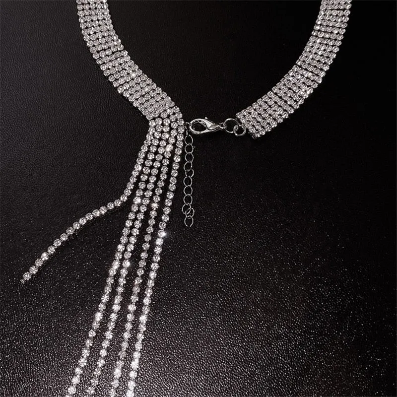 Shine Full Rhinestones Choker Necklaces Long Tassel Crystal Necklace