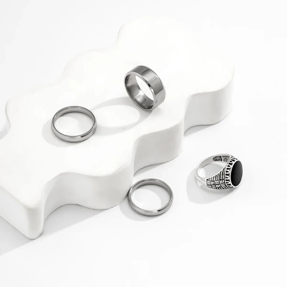 Sindlan 4Pcs Simple Silver Color Stainless Steel Rings for Men Punk Streetwear Geometric Set Couple Emo Jewelry Anillos Hombre