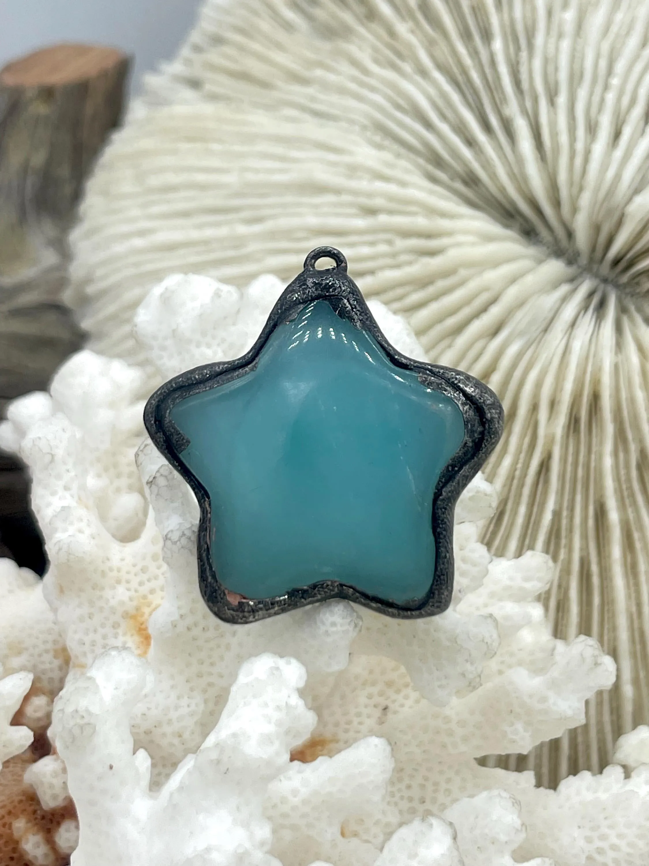 Soldered Natural Stone Pendants, Star Shaped Stone Pendants with Gunmetal Soldering, Crazy Lace Agate or Amazonite Natural Stone. Fast Ship.
