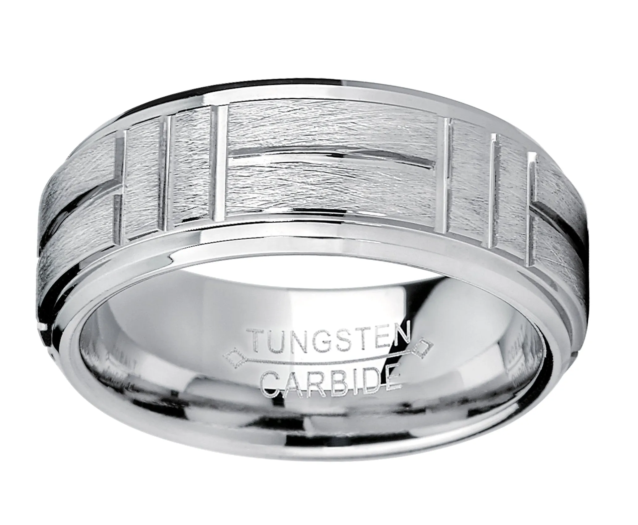 Tungsten Carbide Men's Textured Brushed Grooved Wedding Band Ring, Comfort Fit 8mm